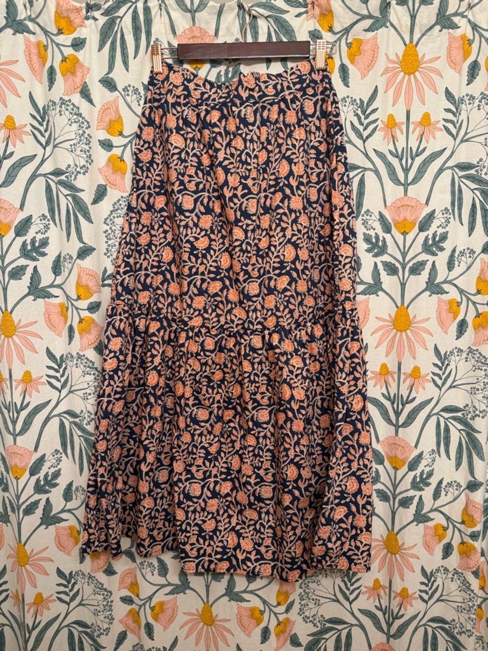 Evereve Navy Midi Skirt with Peach Floral Print